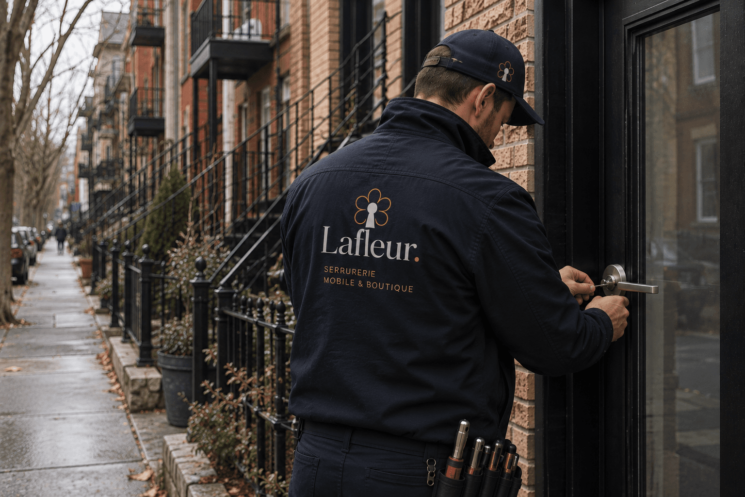 Lafleur technician working on a door lock in Montreal