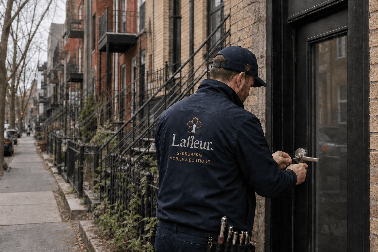 Lafleur technician working on a door lock in Montreal